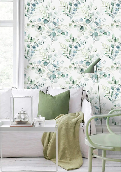 Green Leaves Peel and Stick Wallpaper Green/White Eucalyptus Leaf Floral Self Adhesive Wallpaper Wall Mural Home Nursery Decor