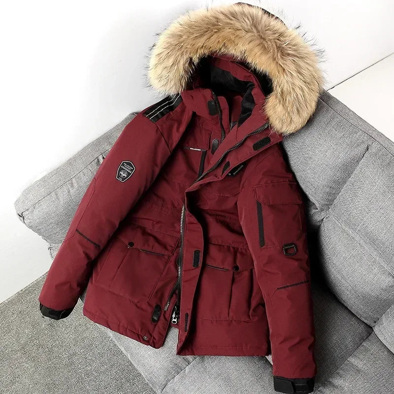 Winter Mens Down Jacket 90% White Duck Down Parkas Coat Mid-length Fur Collar  -30 Degree Keep Warm Male Thicken Snow Overcoats