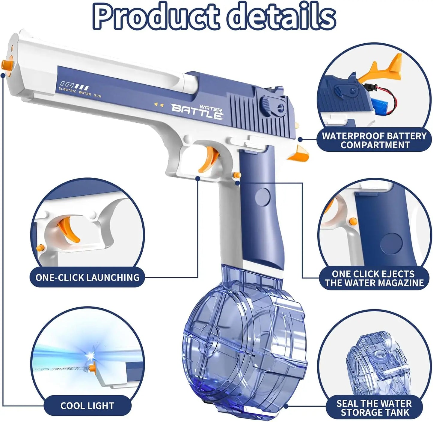 Electric Water Gun with Long Range, Squirt Blaster Automatic Toy with Light Effects and Rechargeable Battery, Summer Outdoor Toy for Pool, Beach & Backyard
