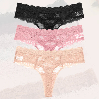 3Pcs Lace Sexy Thongs Women Low-Rise Briefs Sexy Soft Ladies Underwear Trendy Floral Underpants Female Flowery Panty Lingerie
