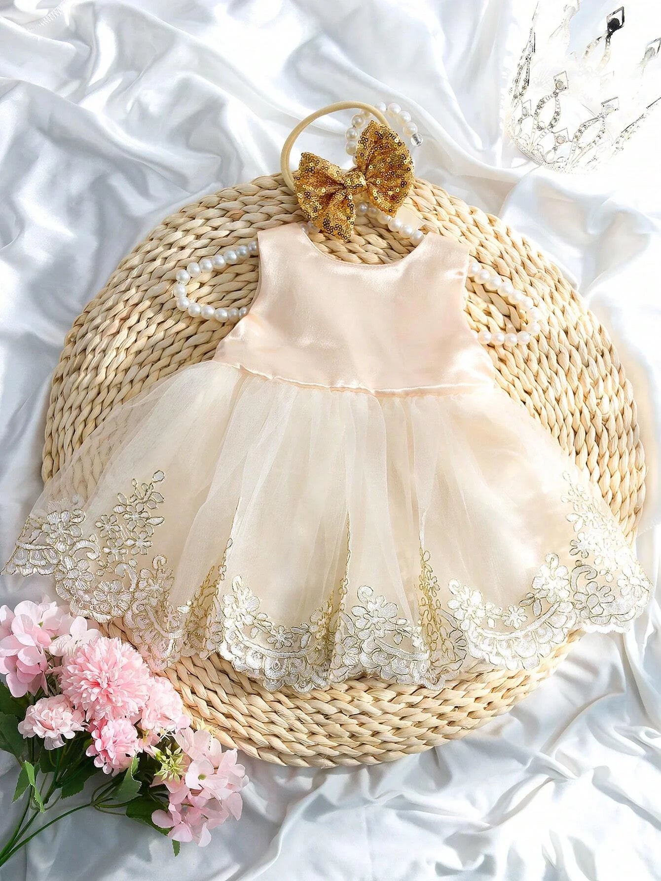 2pcs Newborn Photography Clothing Set Baby Girls' Princess Embroidered Mesh Dress Bowknot Lace Princess Skirt For Photo Shoot