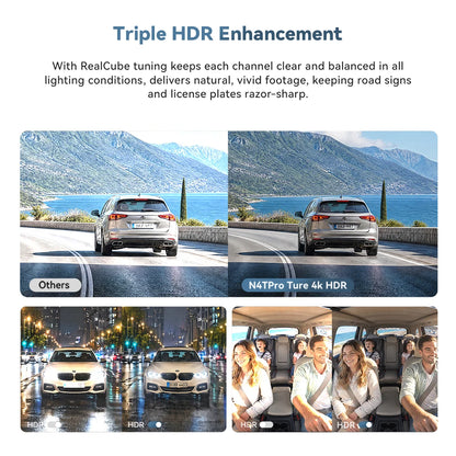 【New】DDPAI N4T Pro Dash Cam 3-Channel HDR 4K+1080P+1080P Front Rear Interior Night Vision ADAS DVR Support 4G Parking Monitoring