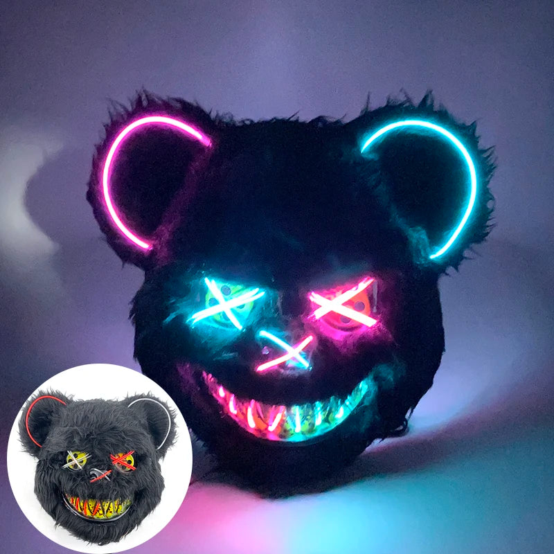 LED Bloody Rabbit Mask Glowing Killer Black Bear Mask Halloween Dance Party Cosplay Costume Props Assassinated Plush Rabbit Mask