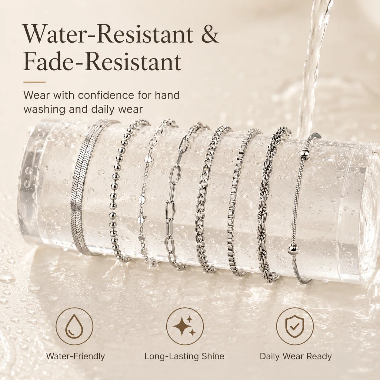 Women Chain Bracelet Silver Color, Stainless Steel Link Stackable Bracelets, Layered Waterproof Gifts