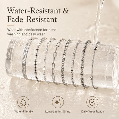 Women Chain Bracelet Silver Color, Stainless Steel Link Stackable Bracelets, Layered Waterproof Gifts