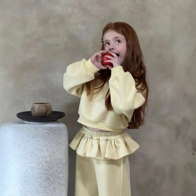 2026 Autumn Winter New Children Clothing Korean Girls Casual Lace Wide Leg Pants Set Children Round Collar Hoodie Two Piece Set