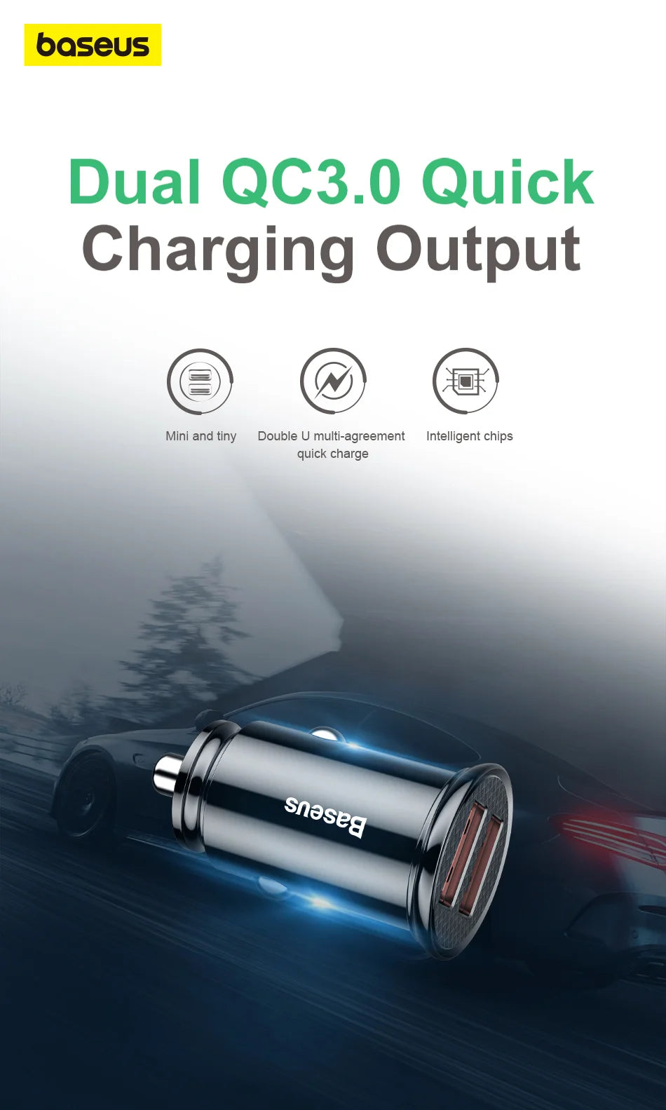 Baseus 30W Car Fast Charger Quick Charge 4.0 3.0 USB Type-C Fast Charging Car Phone Charger For Huawei Xiaomi iPhone 15 14 13 12