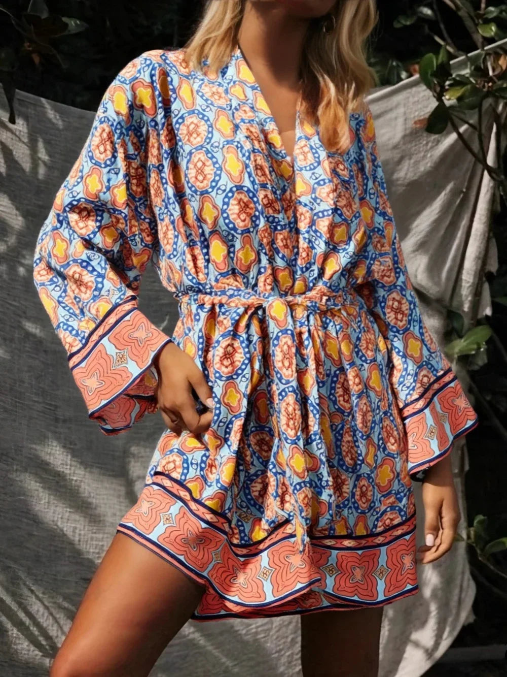 Boho Queens Vintage Peacock Floral Print Sashes Beach Kimono Women Bohemian Wrap Batwing Sleeves Holiday Bikini Cover-ups