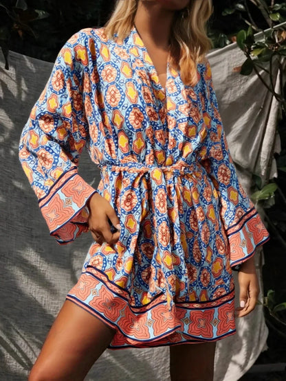 Boho Queens Vintage Peacock Floral Print Sashes Beach Kimono Women Bohemian Wrap Batwing Sleeves Holiday Bikini Cover-ups