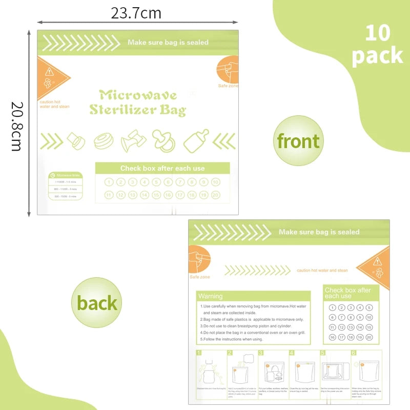 10Pcs Reusable BPA Free Microwave Sterilizer Bags for Baby Bottle Breast pump accessories, Microwave Sterilizer Bag