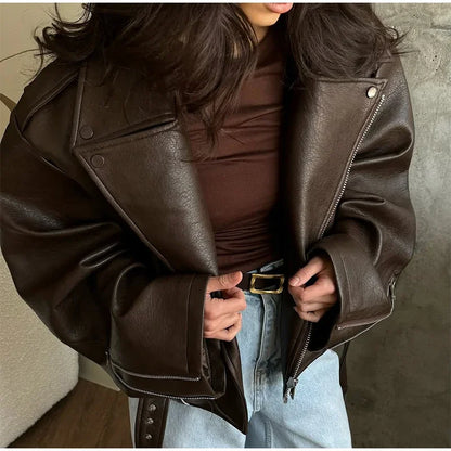 Retro Brown Lace Up Lapel Leather Jacket Women Fashion Zipper Pocket Full Sleeve Short Coat 2025 New Autumn High Street Outwears