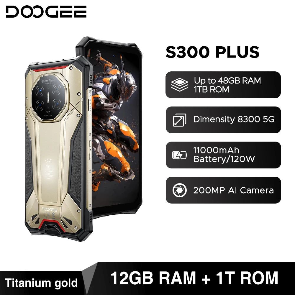 DOOGEE S300 Plus 5G Rugged Phone Dimensity 8300 12GB 1TB 11000mAh 120W 6.78'' Screen 200MP Camera Android 16 Smartphone NFC
