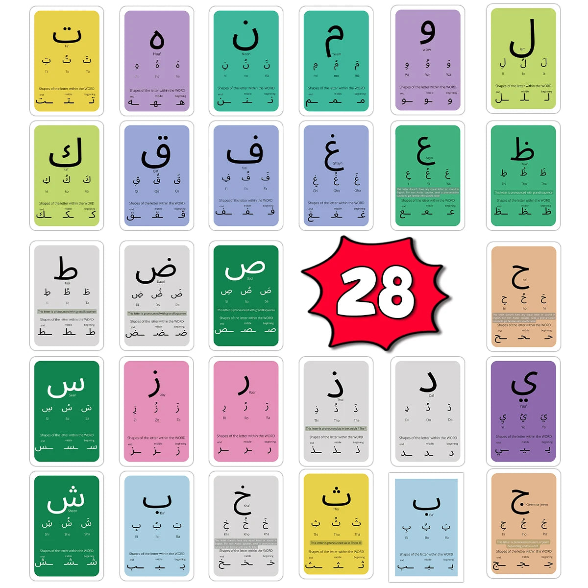 28pcs Arabic Alphabet Flash Cards For Beginner Of Arabic, Letter Training Early Education Homeschool Learning, Arabic Teacher