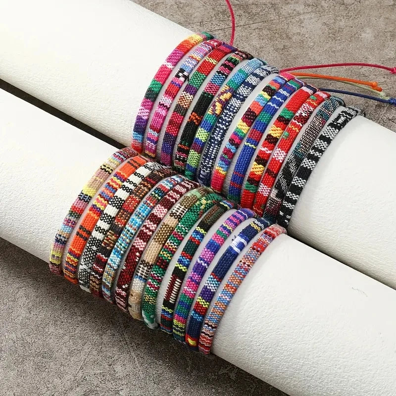 24pcs Bohemian 2 Style Woven Bracelets Set, Random Colorful Cloth Art Friendship Surf Bracelet For Men Women