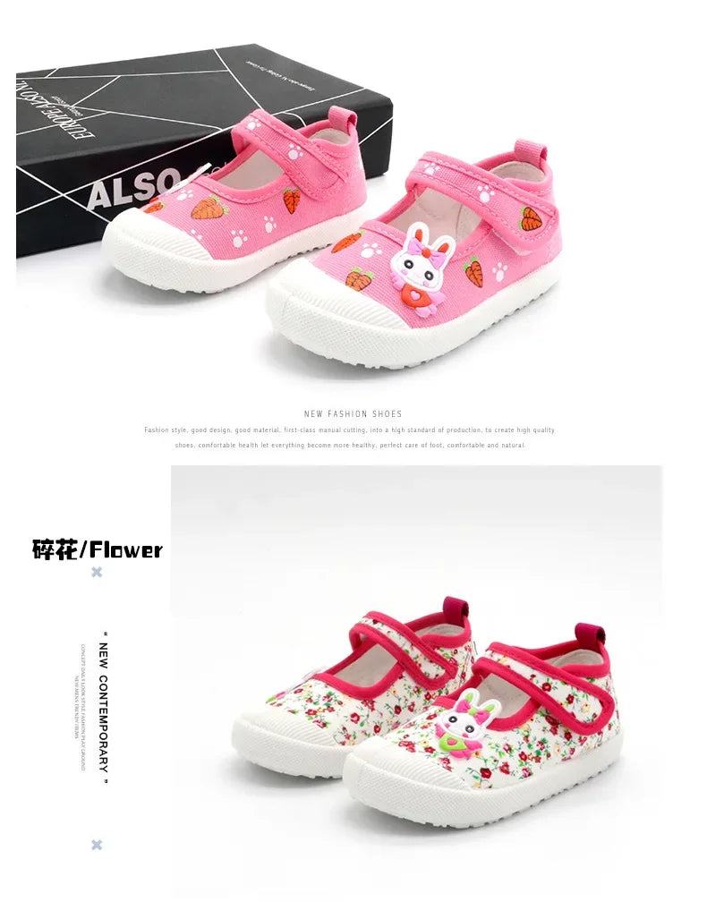 JGSHOWKITO Girls Canvas Shoes Soft Sports Shoes Kids Running Sneakers Candy  With Cartoon Rabbit Carrots Prints Children