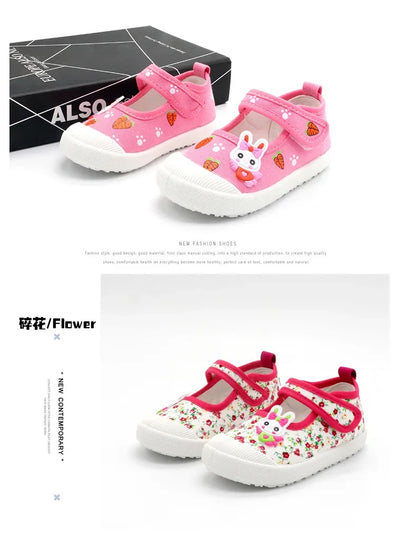 JGSHOWKITO Girls Canvas Shoes Soft Sports Shoes Kids Running Sneakers Candy  With Cartoon Rabbit Carrots Prints Children