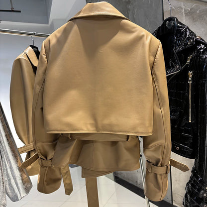 YOLOAgain 2025 Autumn Elegant Real Leather Jacket Coat Women Oversized Leather Jacket With Belt
