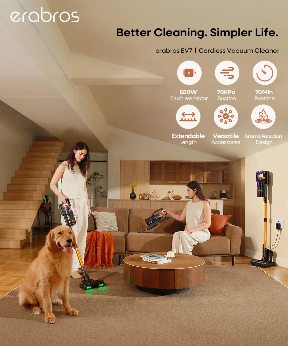 Erabros EV7 Cordless Vacuum Cleaner,70KPa Suction,550W Motor,70Min Runtime,Charging Storage Base,Stick Vacuum with Aroma Design