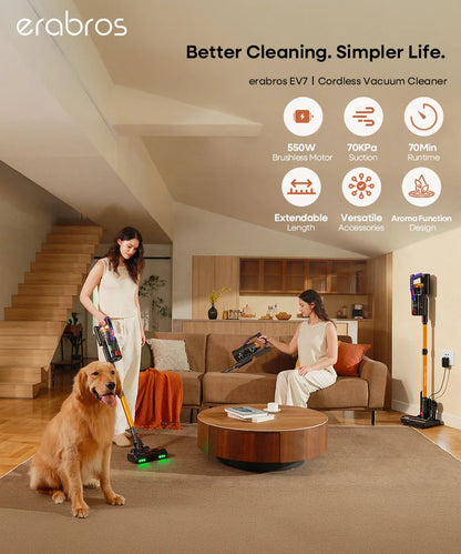 Erabros EV7 Cordless Vacuum Cleaner,70KPa Suction,550W Motor,70Min Runtime,Charging Storage Base,Stick Vacuum with Aroma Design