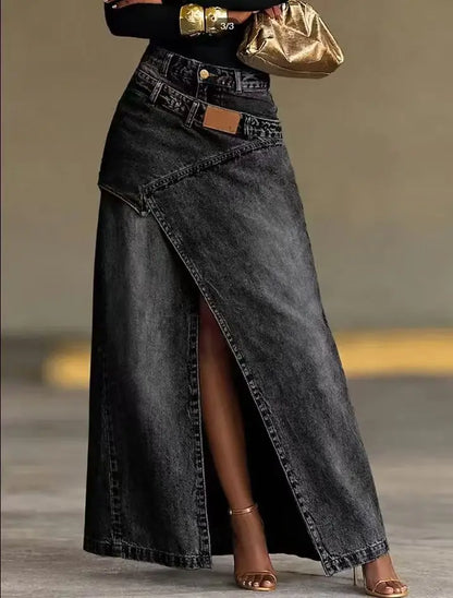 Fashion Distressed Wash Retro Denim Maxi Skirt Women's High Waist Asymmetric Wrap Front Slit Decor Stitching Long Jean Skirt New