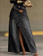 Fashion Distressed Wash Retro Denim Maxi Skirt Women's High Waist Asymmetric Wrap Front Slit Decor Stitching Long Jean Skirt New