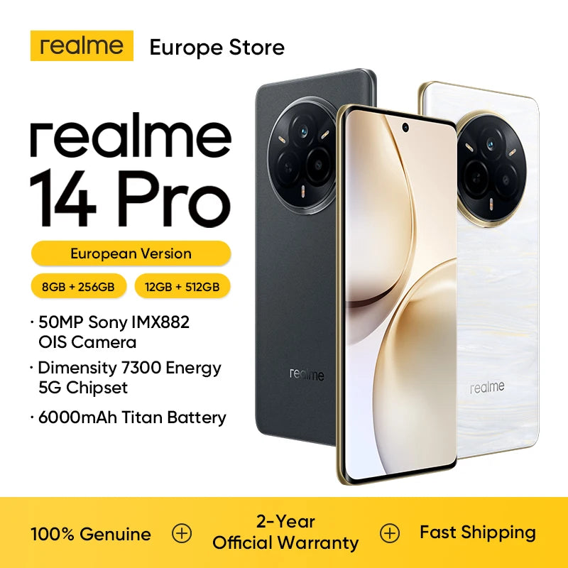 realme 14 Pro Smartphone 5G Titanic 6000mAh battery 45W SUPERVOOC charging 50MP Sony IMX882 OIS Camera, Dimensity 7300 Energy 5G processor, 120Hz Curved Display