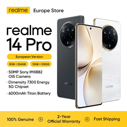 realme 14 Pro Smartphone 5G Titanic 6000mAh battery 45W SUPERVOOC charging 50MP Sony IMX882 OIS Camera, Dimensity 7300 Energy 5G processor, 120Hz Curved Display