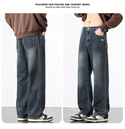 Spring Autumn New Men's Straight Vintage Fit Jeans Casual Trousers High Quality Male Korean Fashion Baggy Wide Leg Denim Pants