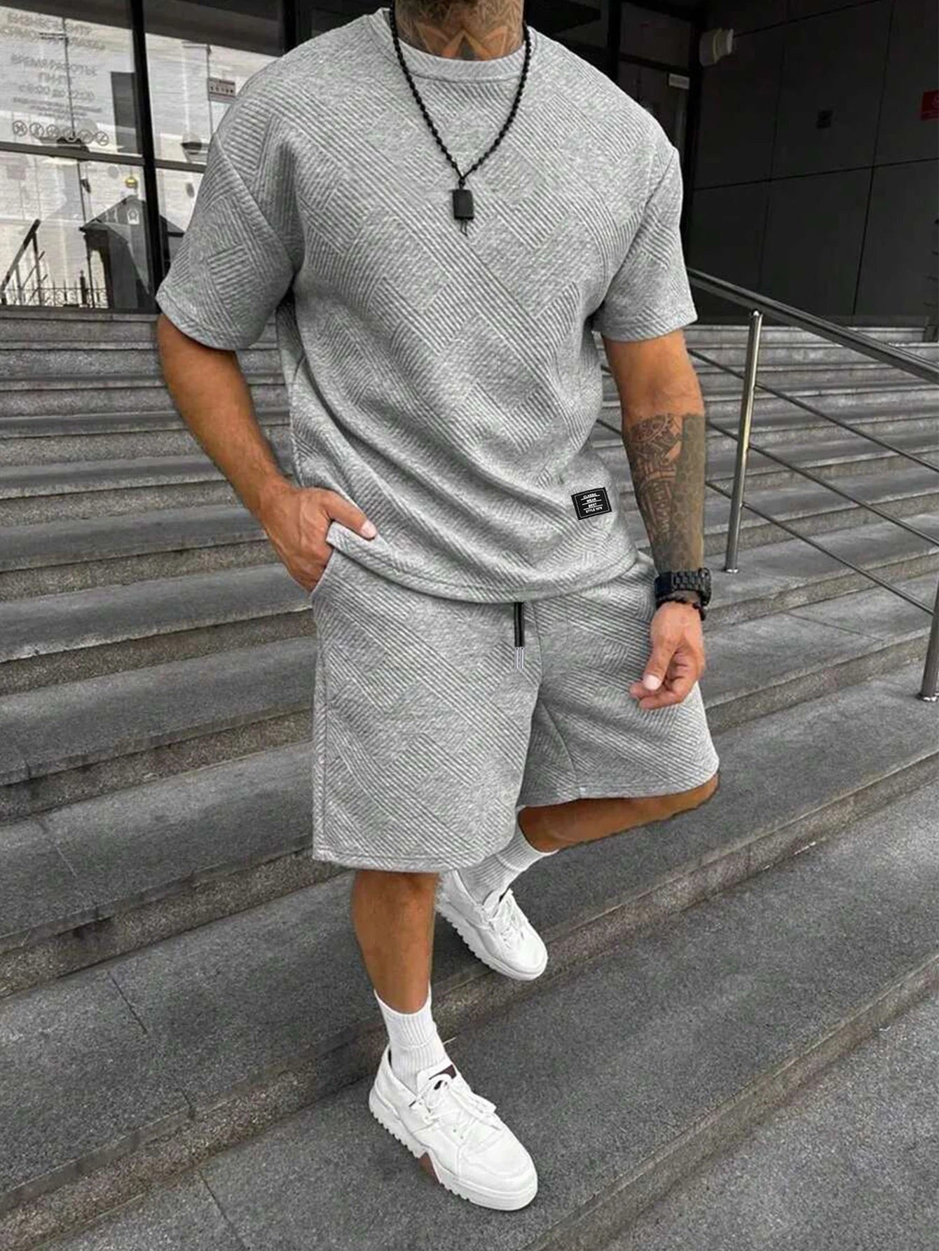 Men's Textured Letter Patched Round Neck Tee & Drawstring Shorts Two-Piece Set Regular Fit Casual Short Sleeve T shirt & Shorts