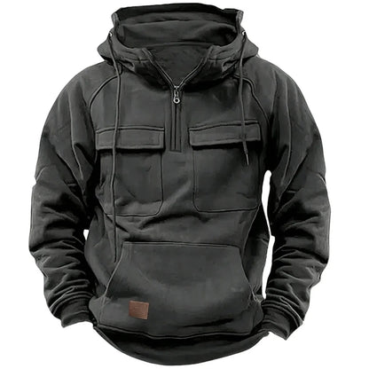 Men's Casual Sports Hooded Sweatshirt New Style Outdoor Thick Fashionable Loose Long-Sleeved Pullover with Multiple Pockets