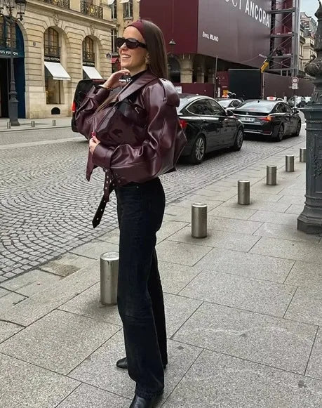 Vintage Lapel Leather Biker Jacket Women Bomber Jacket Short Coat Streetwear Zip Long Sleeve Windproof Outerwear Black Wine Red