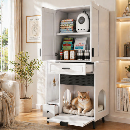 Multifunctional Cat Storage Cabinet with Stable Construction, Adjustable Shelves, Drawers, and Cat Bed Area – Cozy Activity Space for Cats, Pet Furniture with Arch Openings