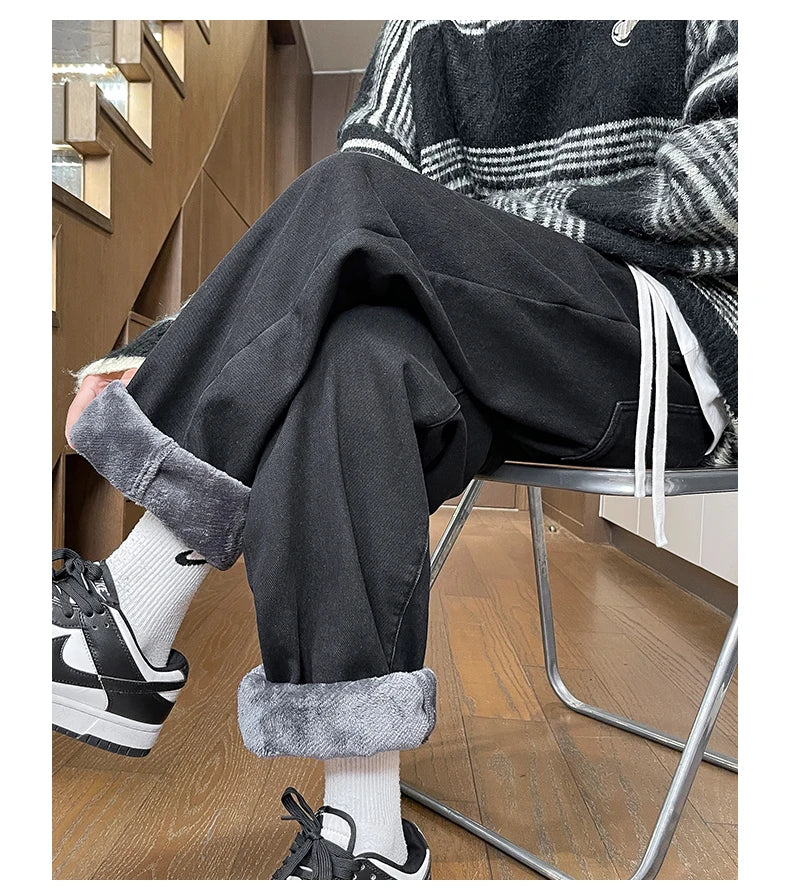 Men's Thicke Fleece Straight Jeans Winter Velvet Thermal Nostalgia Washing Denim Pants Streetwear Elastic Waist Loose Trousers