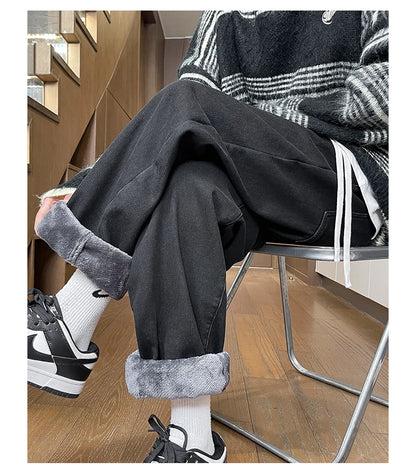 Men's Thicke Fleece Straight Jeans Winter Velvet Thermal Nostalgia Washing Denim Pants Streetwear Elastic Waist Loose Trousers
