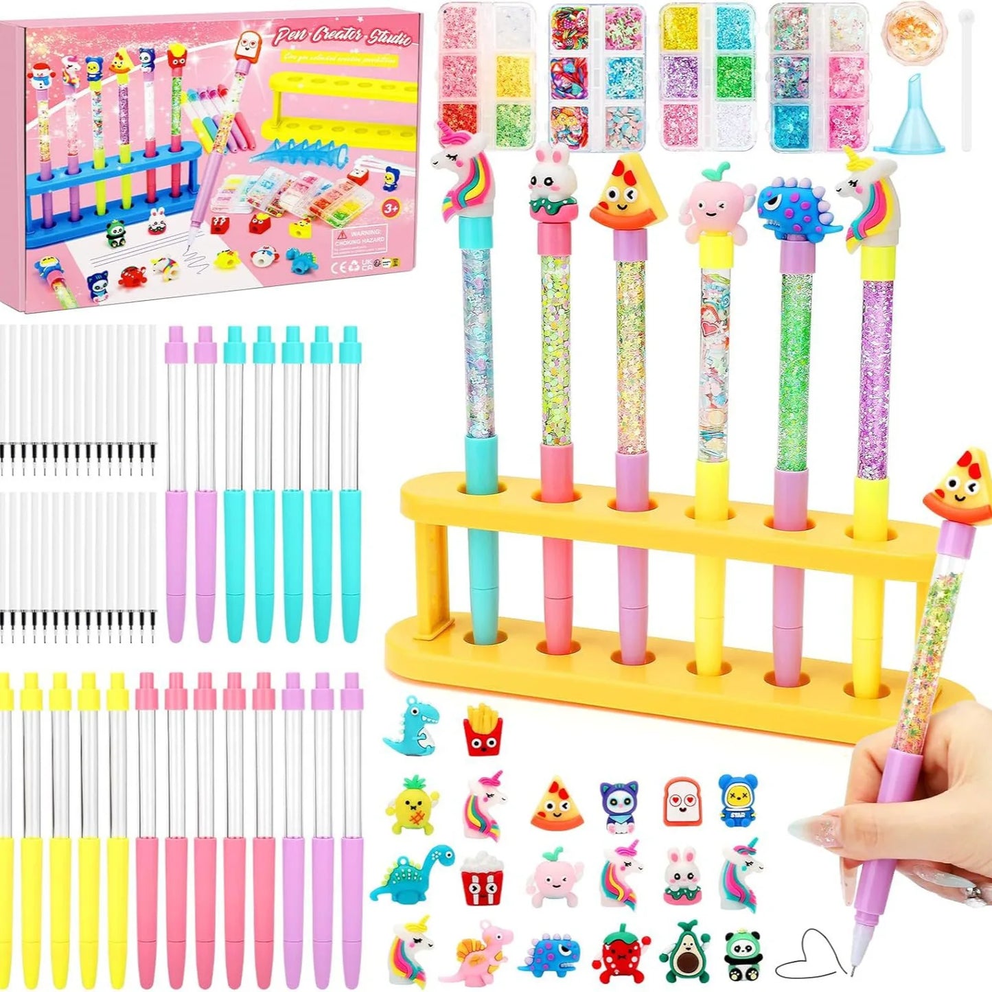 DIY Glitter Pen Making Kit Kids Craft Supplies 80+ Pieces Handmade Art Set Make 16 Pens Cartoon Decor Birthday Gift for Girls Bo