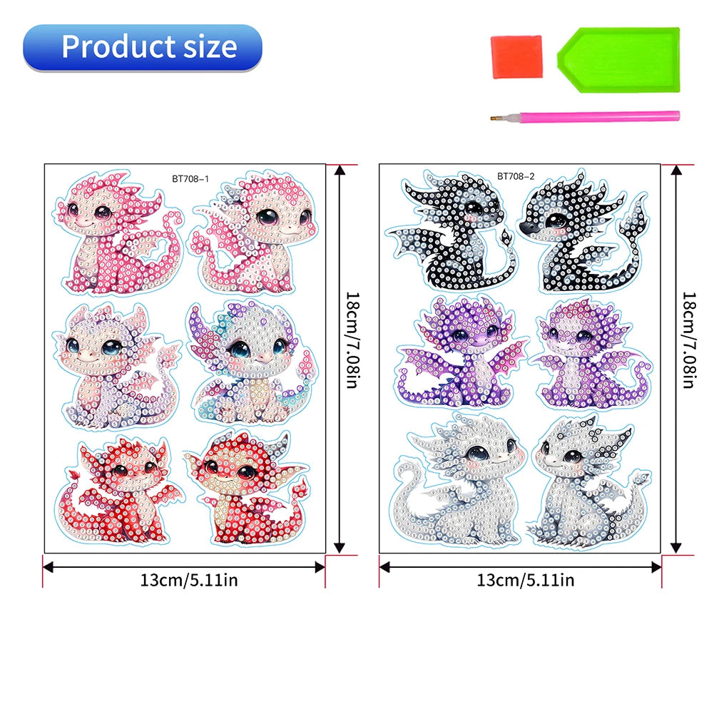 12Pcs Dragon Diamond Painting Sticker Cartoon Dragon Gem Sticker DIY Creative Mosaic Sticker Craft for Kids and Adult Beginners