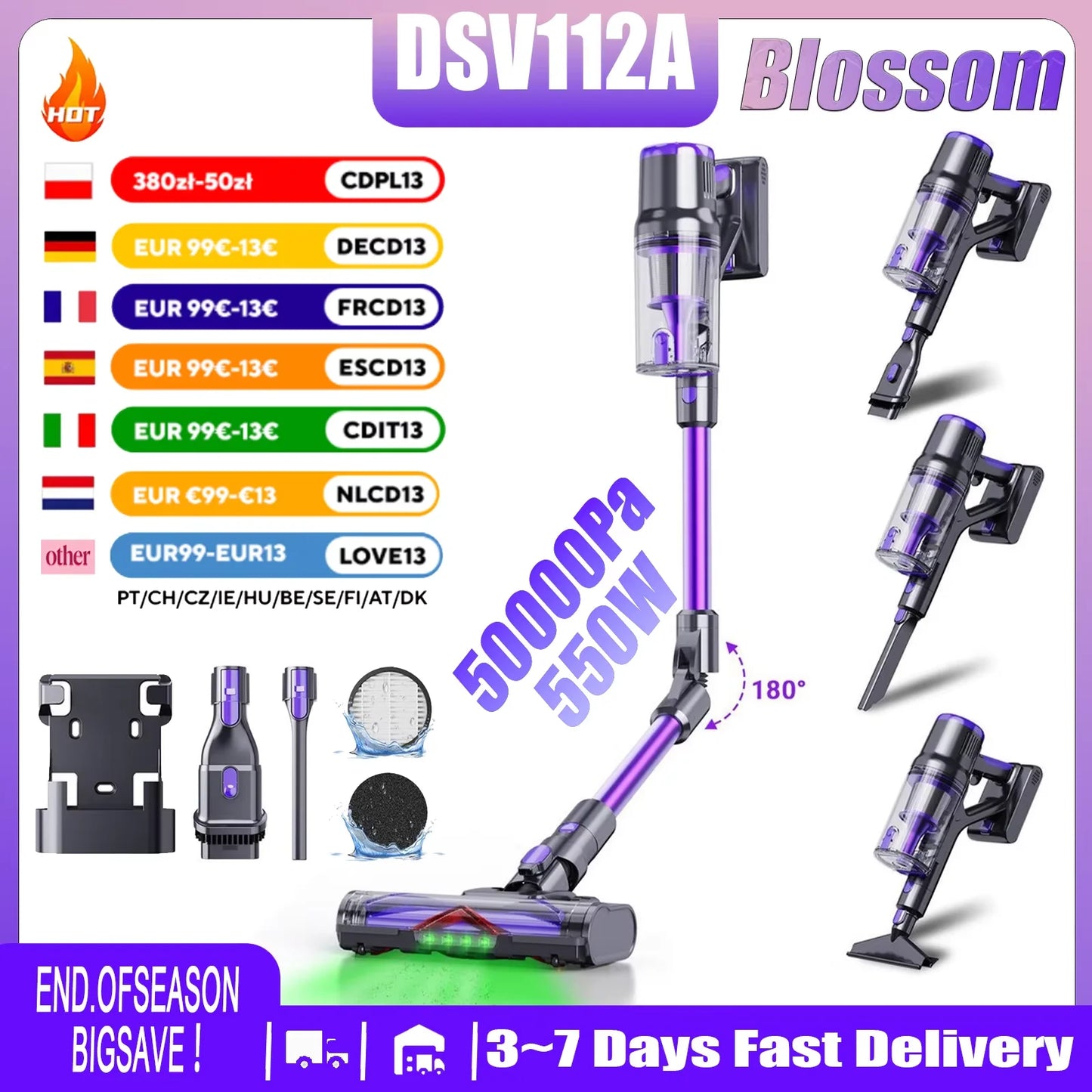 Blossom DSV112A Cordless Vacuum Cleaner 50000Pa 550W,180° Foldable Tube Touchscreen Stick Vacuum,55 Mins Runtime Anti-Tangle Roller Brush HEPA Filtration LED Light Wireless Vacuum for Pet Hair Hard Floor Carpet