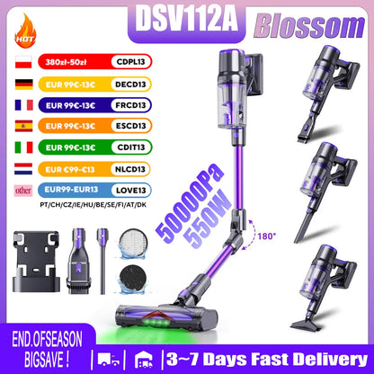 Blossom DSV112A Cordless Vacuum Cleaner 50000Pa 550W,180° Foldable Tube Touchscreen Stick Vacuum,55 Mins Runtime Anti-Tangle Roller Brush HEPA Filtration LED Light Wireless Vacuum for Pet Hair Hard Floor Carpet