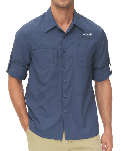 Men's UPF 50+ Long Sleeve Fishing Shirts Sun Protection Breathable Hiking Work Shirt Casual Button Down Shirt with Zipper Pocket