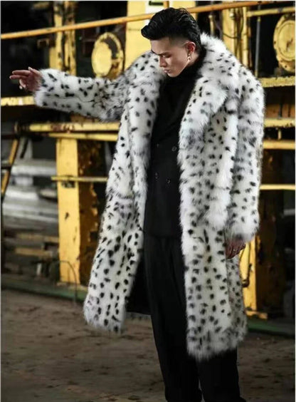 Leopard Men Winter Thick Hooded Faux Fox Fur Coat Jacket Long Sleeve Warm Luxury Fur Black Parkas Bontjas Furry Shaggy Outerwear
