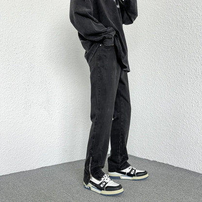 2024 Spring Autumn Korean Men Fashionable Retro Street Jeans Zip Design on Trouser Legs Straight-leg Denim Pants Men's Clothing