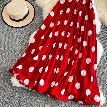 2026 Pleated Skirt Elastic Waist Polka Dot Fashion Printed Slim Pleated Skirt Women's Summer New Beach Vacation Mid-length Skirt
