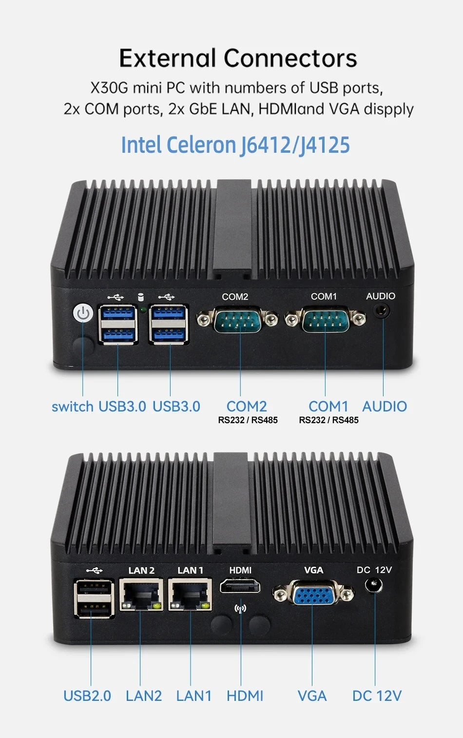 BEBEPC Fanless Industrial Mini PC with Intel Celeron J6412 J1900 Support Linux Computer with 2xRS232/485 2xGbE LAN Win10 Ready