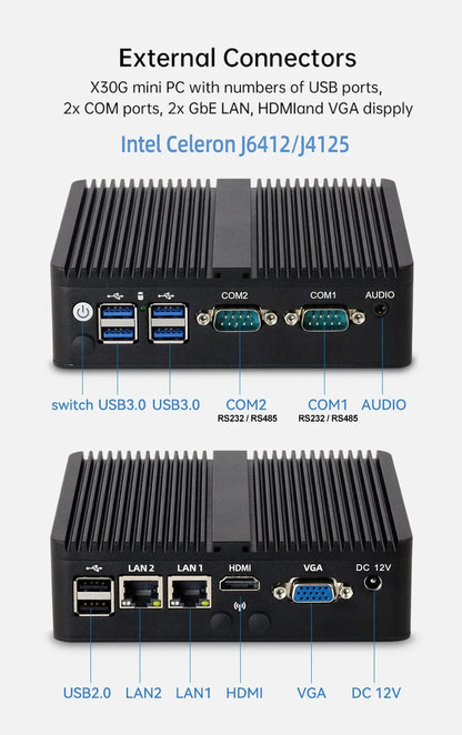 BEBEPC Fanless Industrial Mini PC with Intel Celeron J6412 J1900 Support Linux Computer with 2xRS232/485 2xGbE LAN Win10 Ready