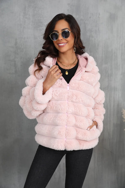 2026 Faux Fur Women Coats Hooded Full Sleeve Short Coat Zipper Thick Warm Solid Temperament Elegant Splice Autumn Winter