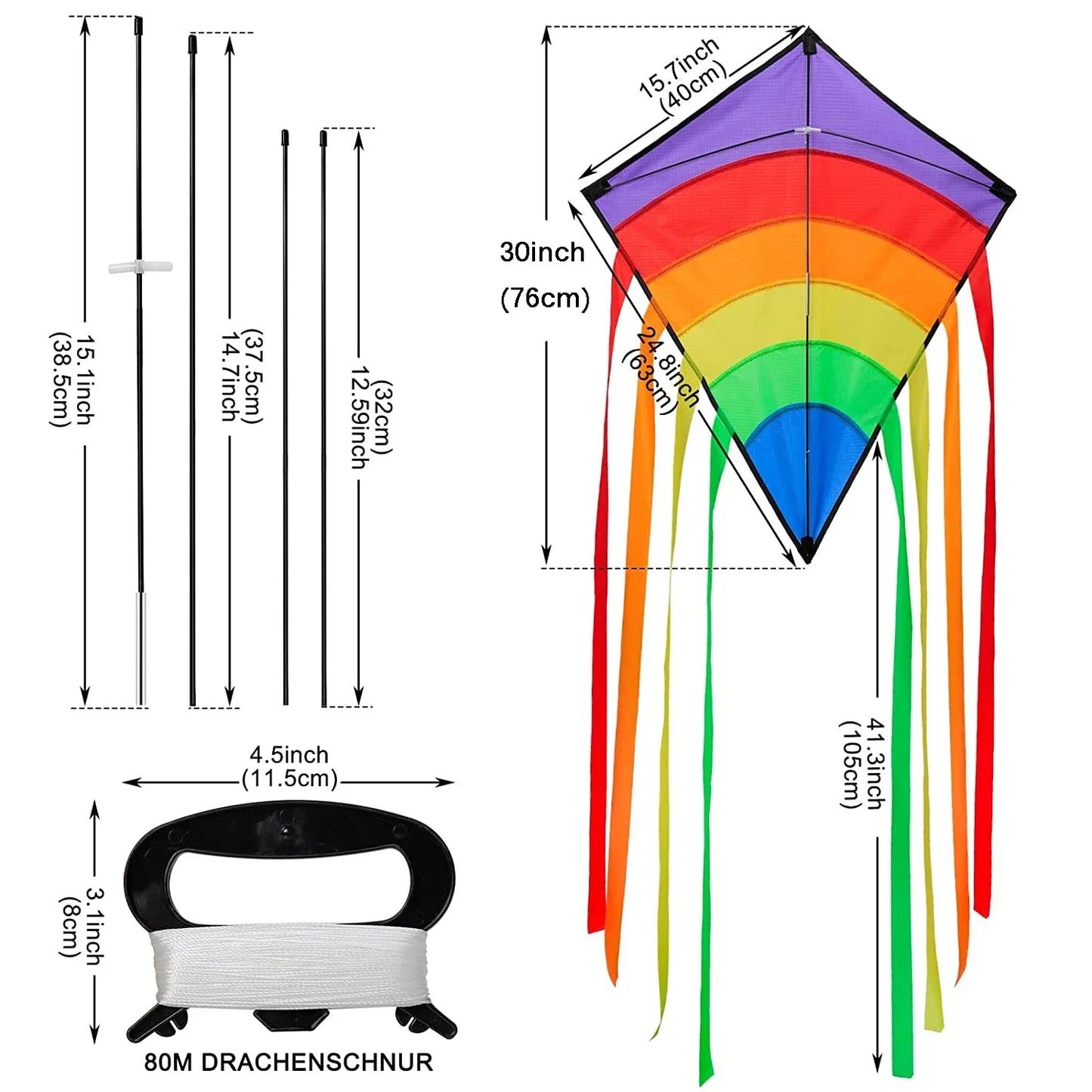 Rainbow Strip Spliced Diamond Rhombus Kite Lightweight Wind Resistant Fabric Easy Launch Stable Flight Foldable Portable Outdoor Flying Toy for Kids & Adults