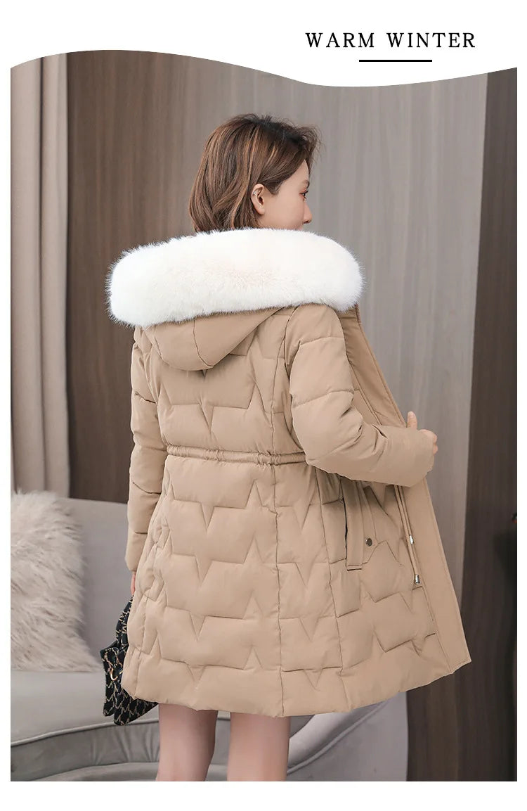 Hooded Women Parkas Coats Mid LenthJackets  Oversize Solid Fur Collar Zipper Drawstring Waist Loose Casual 2025 Autumn Winter