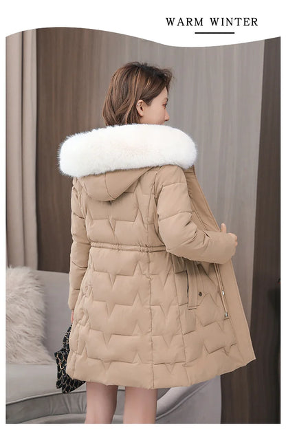 Hooded Women Parkas Coats Mid LenthJackets  Oversize Solid Fur Collar Zipper Drawstring Waist Loose Casual 2025 Autumn Winter