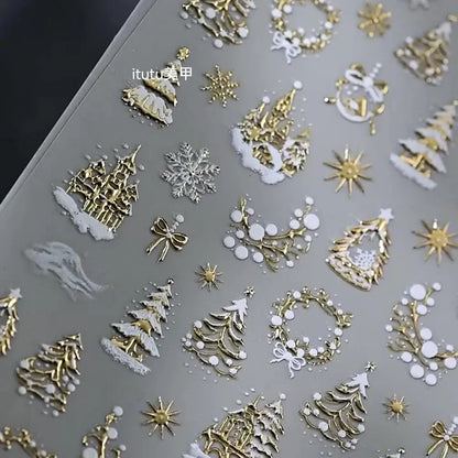 5D Embossed Gold Castle/Garland/Christmas Tree Nail Stickers White Snowflakes Bow Star Nail Decals Self-Adhesive Xmas Nail Decor