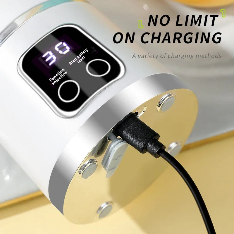 10 ašmenų nešiojamas vaisių sulčiaspaudė, 450 ml talpa, 3 pavaros, įkraunamas per USB, trintuvas, ledo smulkintuvas kokteiliams ir tirštiesiems kokteiliams, sulčiaspaudės puodelis